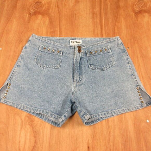 JUKE BOX Bareback VINTAGE Denim Jean Shorts Size 9/10 Studded Slit Hem Hot Pants - Picture 1 of 13